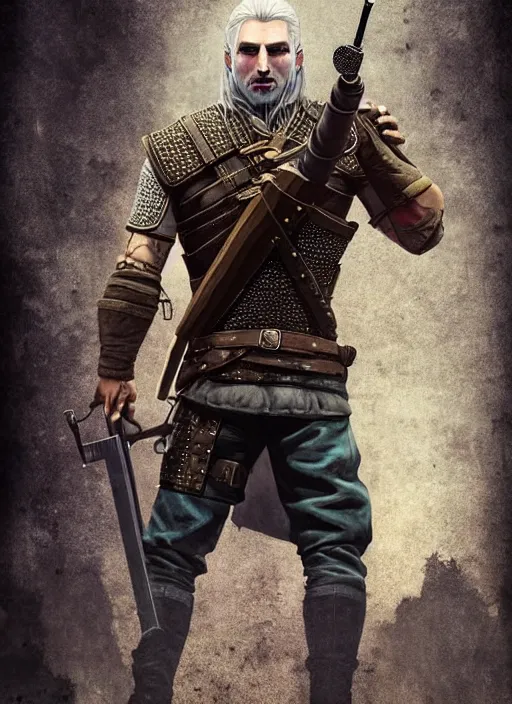 Image similar to portrait of a witcher holding a gun, the witcher has a half shaved head and tattoos, the witcher holding a pistol points downwards, the witcher holding a pistol is only one and stands in a ruined city. by Ciryl Rolando, hyperrealistic illustration, digital art, studio lightning, very detailed faces