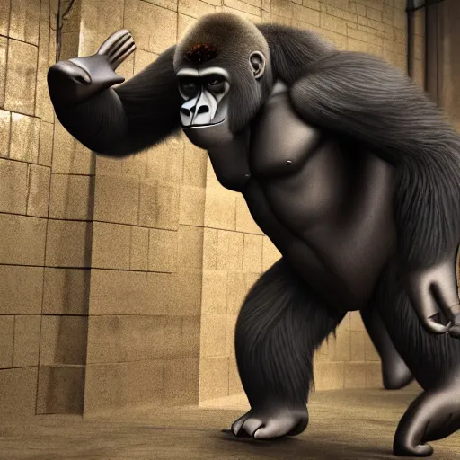 Image similar to big gorilla man terroizing church, 8k cinematic lighting, very sharp detail, anatomically correct