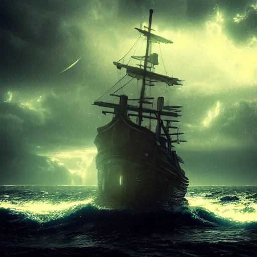 Image similar to ghost ship on a stormy sea with galaxies in the sky ,highly detailed, 4k, HDR, award-winning, artstation, octane render