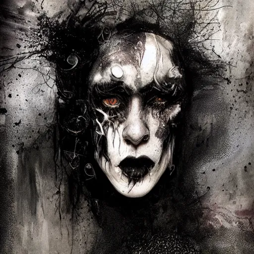 Image similar to emaciated ( the cure fan ) as dream from sandman, dim stars as eyes, by jeremy mann, by cedric peyravernay, by by russ mills, by richard avedon and ben templesmith, dramatic lightning, sadness, dark eye sockets, in the shadows, punk rock, gothic, high detailed, 8 k