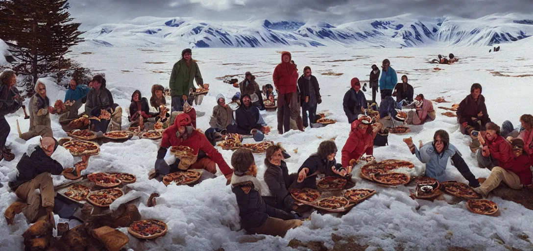 Image similar to people eating a pizza by the seed vault in Svalbard, 80s style, smiling maniacally, 8k, james gurney, greg rutkowski, john howe, artstation