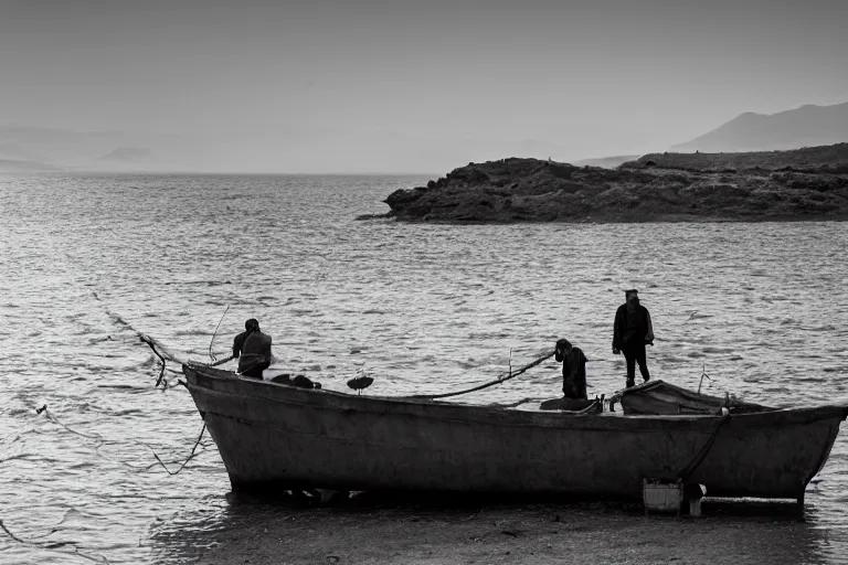 Prompt: cinematography Greek fisherman loading their boat by Emmanuel Lubezki