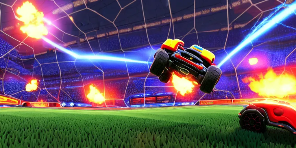 Image similar to rocket league, car soccer, boom, goal, demo, explosion, action shot, lens flares, rim light, raytracing, glow, haze, hyper - realistic, micro details, octane render, unreal engine, cinematic shot