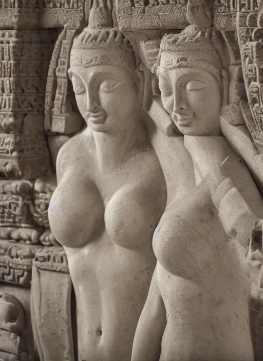 Image similar to photograph of a bas relief of lindsey pelas and gal gadot found in an ancient javanese temple, by charlotte grimm, natural light, detailed face, canon eos c 3 0 0, ƒ 1. 8, 3 5 mm, 8 k, medium - format print, half body shot