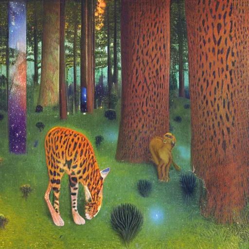 Image similar to psychedelic big cats hiding in the trees lush pine forest, outer space, milky way, designed by arnold bocklin, jules bastien - lepage, tarsila do amaral, wayne barlowe and gustave baumann, cheval michael, trending on artstation, star, sharp focus, colorful refracted sparkles and lines, soft light, 8 k 4 k