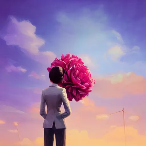 Image similar to closeup, giant rose flower head, frontal, girl in a suit, surreal photography, sunrise, blue sky, dramatic light, impressionist painting, digital painting, artstation, simon stalenhag