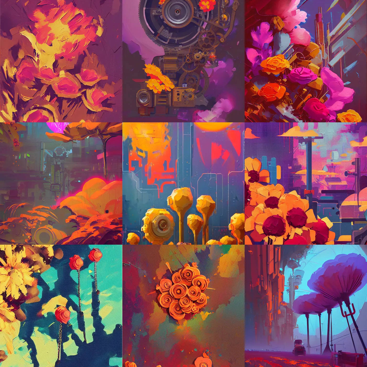 Prompt: a graph style gauche impasto oil paint flowers, steampunk art by james gilleard, cgsociety, retrofuturism, synthwave, retrowave, outrun, autumn color.