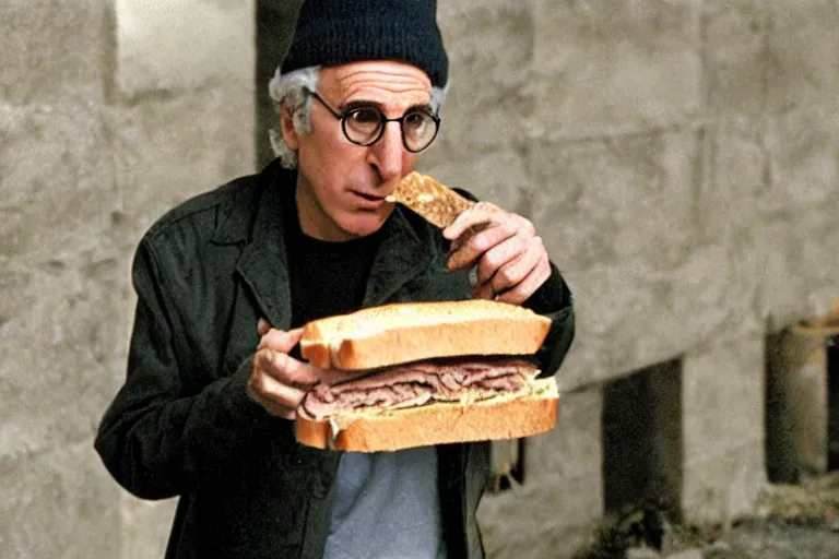 Image similar to larry david eating a sandwich, the blair witch project film still, greyscale