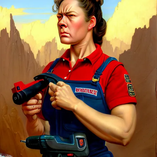 Image similar to epic portrait a slightly muscular woman wearing short sleeved uniform and carrying a red power tool drill, detailed, centered, digital painting, artstation, concept art, donato giancola, Joseph Christian Leyendecker, WLOP, Boris Vallejo, Breathtaking, 8k resolution, extremely detailed, beautiful, establishing shot, artistic, hyperrealistic, beautiful face, octane render