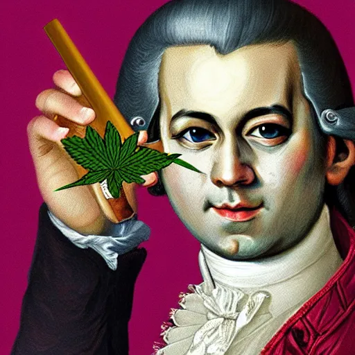 Image similar to Mozart with bloodshot eyes holding a weed joint in his hand, digital art