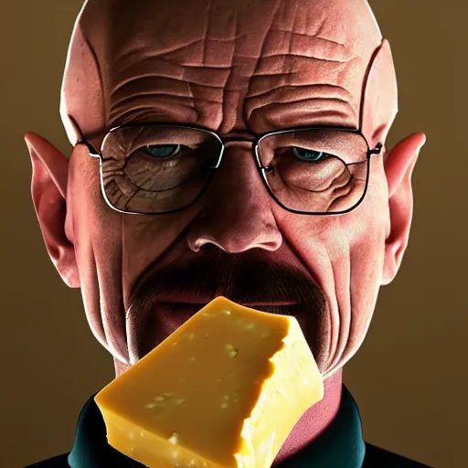 Prompt: walter white with a price of cheese for a head cheese for a head, cinematic photography, trending on artstation,