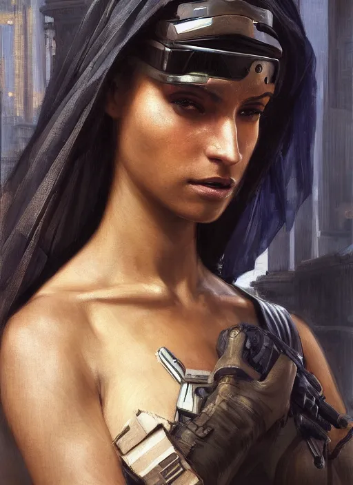 Prompt: Beautiful Sophia. beautiful cyberpunk assassin wearing a military vest and military stealthsuit (cyberpunk 2077). gorgeous face. african woman. Iranian orientalist portrait by john william waterhouse and Edwin Longsden Long and Theodore Ralli and Nasreddine Dinet, oil on canvas. Cinematic, hyper realism, realistic proportions, dramatic lighting, high detail 4k