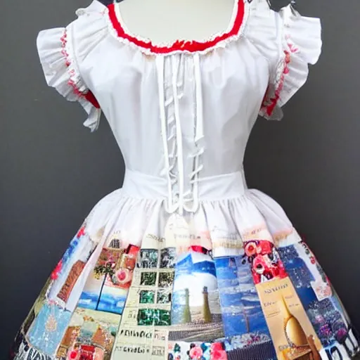 Image similar to A themed lolita dress ; the fabric has pictures of solar panels and windmills on it. A beautiful lolita dress, Angelic Pretty