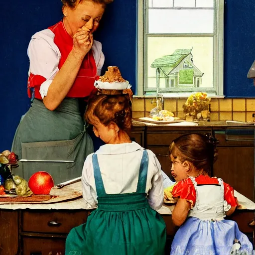 Image similar to housewife putting a hot apple pie on kitchen table, blue dress, apron, giving the middle finger to her husband, 2 children eating, artwork of norman rockwell