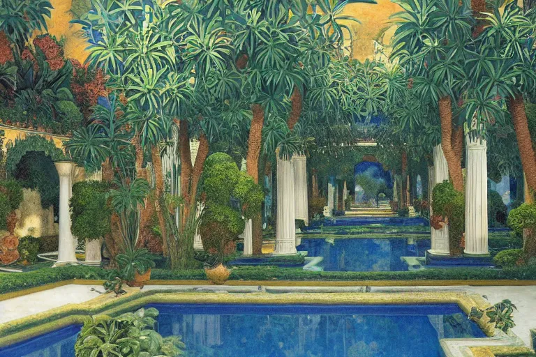 Prompt: painting of a beautiful moorish palace courtyard garden, by maxfield parrish and evelyn de morgan and waterhouse and dante rossetti, patterned tilework, palm trees, tiled fountains, extremely detailed, cinematic lighting, smooth sharp focus