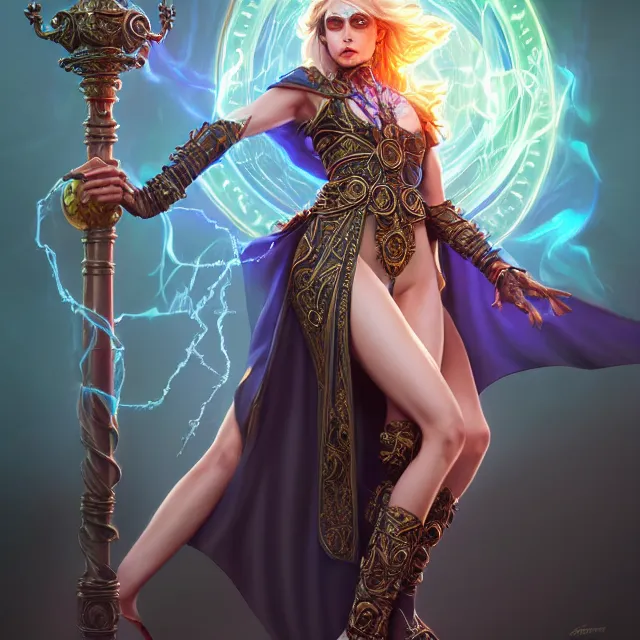 Image similar to beautiful elemental electric witch with ornate robes and staff, highly detailed, 4 k, hdr, smooth, sharp focus, high resolution, award - winning photo, artgerm, photorealistic