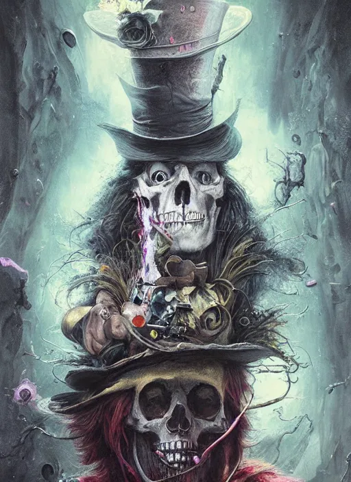 Image similar to mad hatter the magician tarot card, highly detailed, half skull face, cinematic, 8 k, by stanley artgermm, tom bagshaw, greg rutkowski, carne griffiths, ayami kojima, beksinski, giger, trending on deviantart, hyper detailed, horror, full of colour