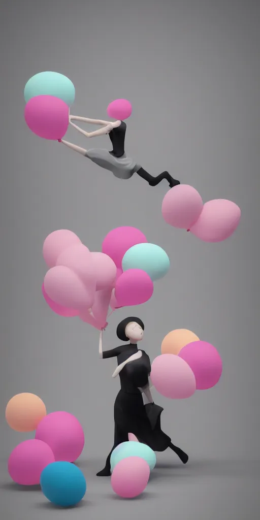 Image similar to 3d matte render, Hsiao-Ron Cheng, balloons, pastel colors, hyper-realism, pastel, polkadots, minimal, simplistic, amazing composition, woman, vaporwave, wow, Gertrude Abercrombie, Beeple, minimalistic graffiti masterpiece, minimalism, 3d abstract render overlayed, black background, psychedelic therapy, trending on ArtStation, ink splatters, pen lines, incredible detail, creative, positive energy, happy, unique, negative space, pure imagination painted by artgerm