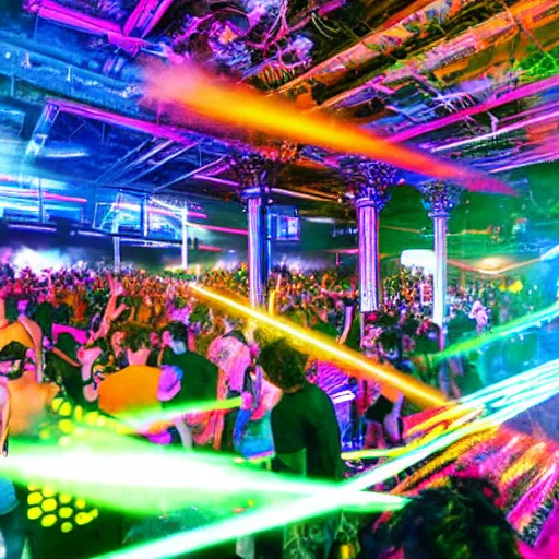 Image similar to A photograph depicting: a large scale acid rave themed 'computer takeover' with lasers and smokemachines