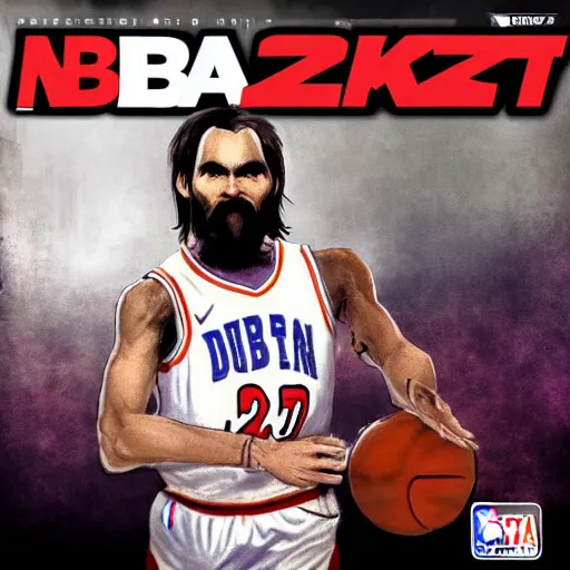 Image similar to nba 2 k video game cover art depicting charles manson dunking a basketball