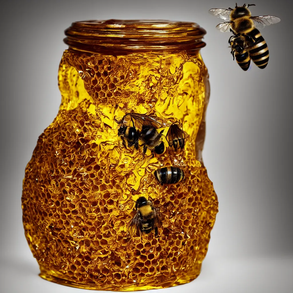 Prompt: dripping honey jar in the shape of a skull, with a honeycomb and surrounded by bees, product photography, glistening golden honey, sharp high contrast dramatic lighting, white backdrop