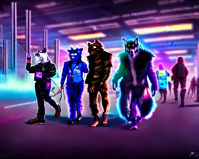 Image similar to high - resolution photograph from a cyberpunk era furry fandom convention ( midwest furfest 2 0 4 7 ), taking place after the genetic revolution and quantum singularity. photorealistic.