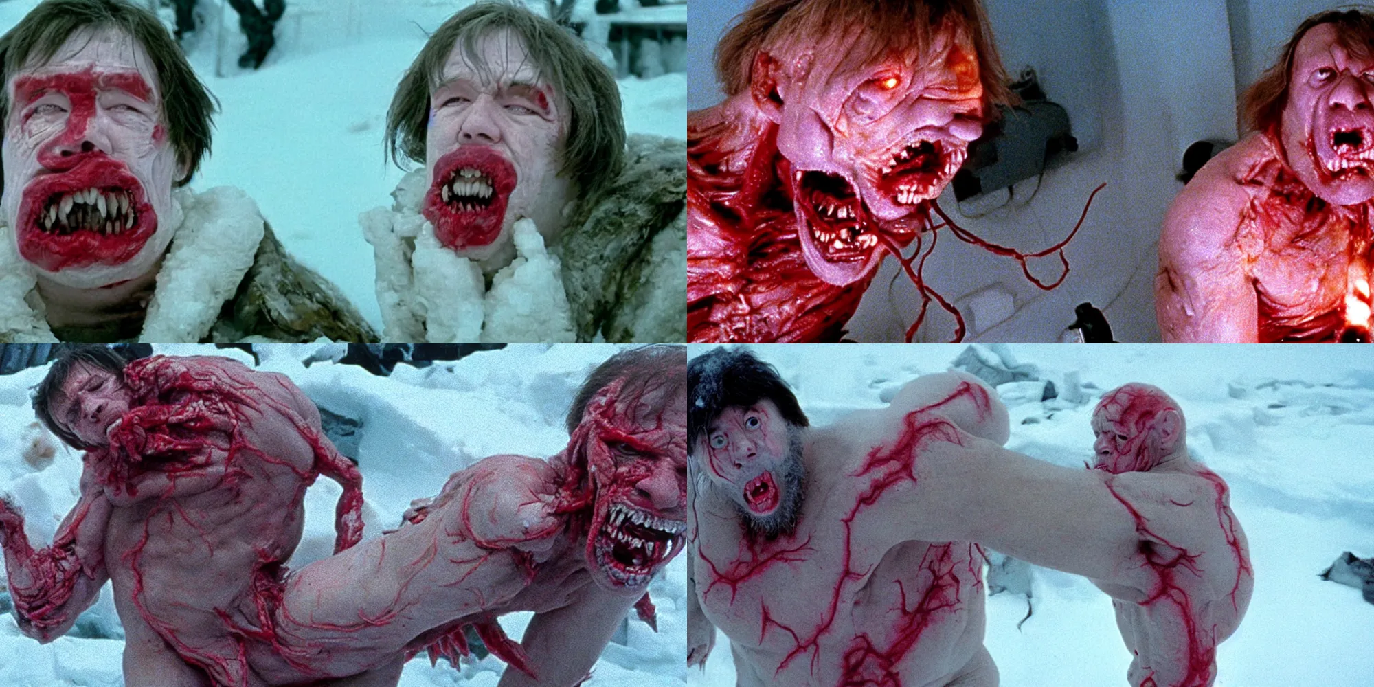 Prompt: chris chan body horror in the thing ( 1 9 8 2 ) directed by john carpenter, limb mutations, swollen veins, red flesh strings, antarctica, snow, flamethrower, cinestill 8 0 0 t, 1 9 8 0 s movie still, film grain