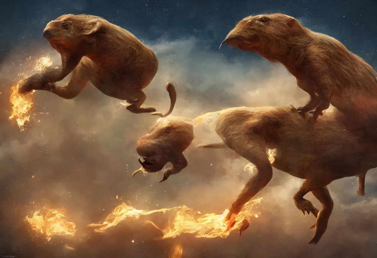 Image similar to a mutant capybara hybrid of velociraptor and elephant floating in space, cinematic, fire, hyperrealistic, trending in artstation, style of wlop