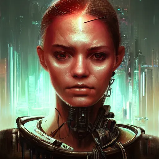 Image similar to extremely detailed portrait of a cyberpunk woman, eye implants, street vendors, citizens, augmented cyborgs, robots, skyscapers, buildings, clouds, sunset, painted by seb mckinnon, high detail, digital art, painted by greg rutkowski, trending on artstation