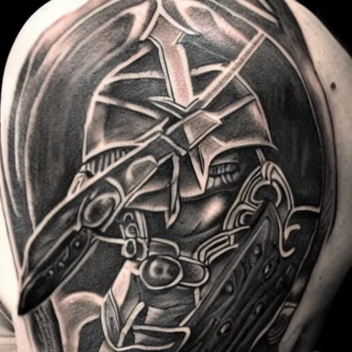 Image similar to a spartan warrior with shield and sword, tattoo, tattoo art, Black and grey tattoo style,