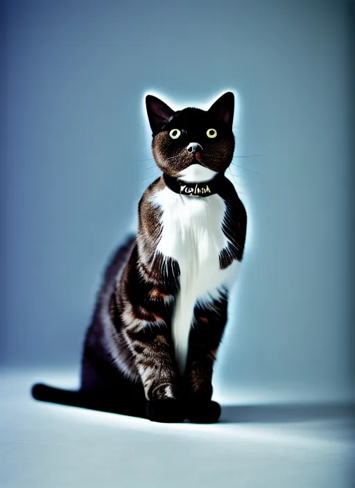 Prompt: kodak portra 4 0 0 of a gorgeous cross between a cat and robot, award winning, in style of tim walker, 1 5 0 mm, f 1. 2, volumetric light, coloured gel studio light, unreal engine 5, 8 k