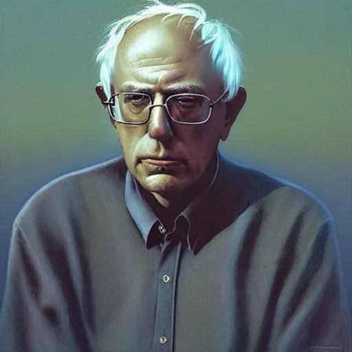 Image similar to a coherent award - winning beautiful!!! portrait of a calm bernie sanders!, sitting on a beautiful hill, painted by zdzislaw beksinski