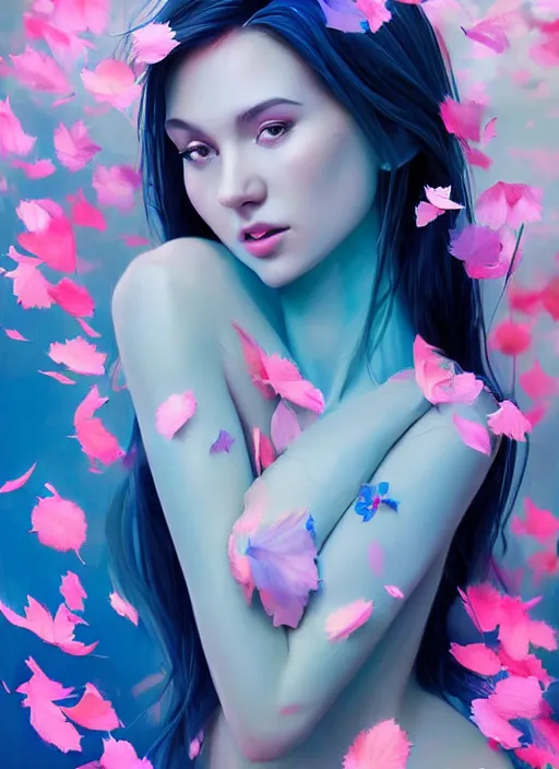 Image similar to gorgeous female covered in translucent blue and pink leaf and petals in the style of stefan kostic, cute - fine - face, dasha taran, backlit, refracted lighting, elegant, half body shot, 8 k, insanely detailed, intricate, art by stanley lau, artgerm, wlop, kuvshinov ilya,