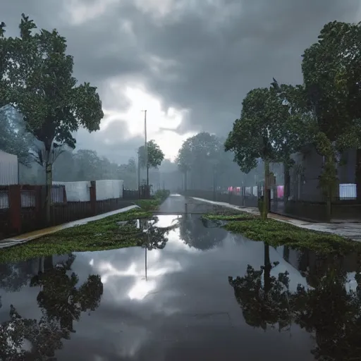 Image similar to still photo of rain puddles and reflections in a village, cloudy weather, highly detailed, photorealistic shot, bright studio setting, studio lighting, crisp quality and light reflections, unreal engine 5 quality render