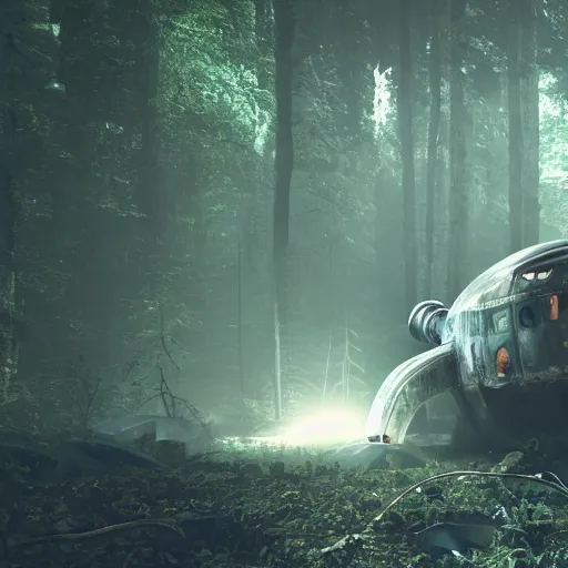 Prompt: a giant derelict metallic symmetrical spaceship crashed in a dense rainforest, foggy atmosphere, sharp details, photorealistic, octane render, god rays, cinematic lighting, immense scale