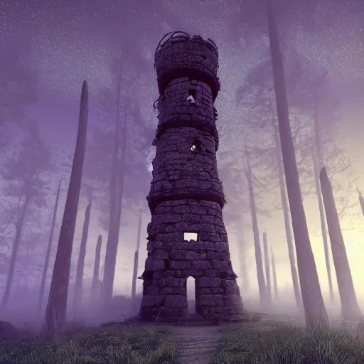 Image similar to wide angle shot of a ancient tower in a clearing of a fairytale forest at night under a starry sky, super moon, ethereal, pastel tones, mist and fog, concept art, blender render, highly detailed, 4 k, 8 k, artstation