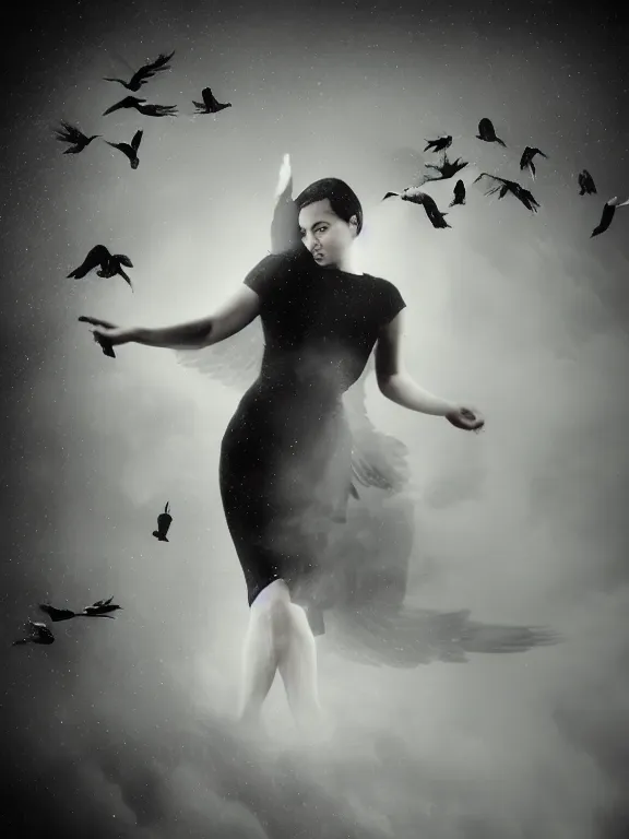 Image similar to portrait of iconic beautiful woman in sophisticated black dress keeping in hands white birds that flying apart turning to smoke and fire and dust. 35mm double-exposure photo, thick fog, daylight, deep shadows, depth of field, cinematic lightning, wide angel, eerie atmosphere, motion blur, HD, smooth and very detailed quality, masterpiece, volumetric lightning, chromatic aberration, Richard Avedon, style of Ade Santora, Tatiana Gorilovsky, cinematic composition, occult, german expressionism, masterpiece, intricate detailed, deep rich palette, wide angel shot