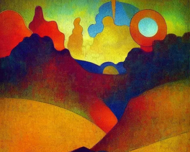 Prompt: A wild, insane, modernist landscape painting. Wild energy patterns rippling in all directions. Curves, organic, zig-zags. Saturated color. Mountains. Clouds. Rushing water. Waves. Psychedelic dream world. Odilon Redon.
