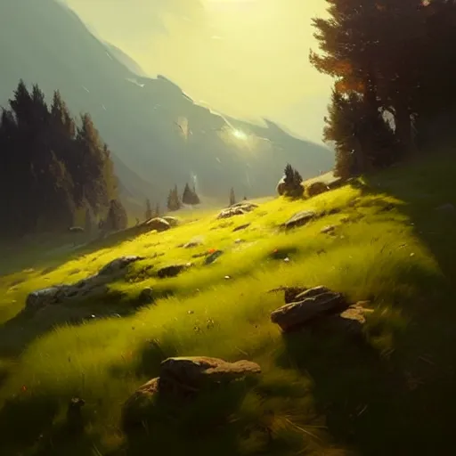 Prompt: summer meadow, hills, landscape, concept art, style of Greg Rutkowski