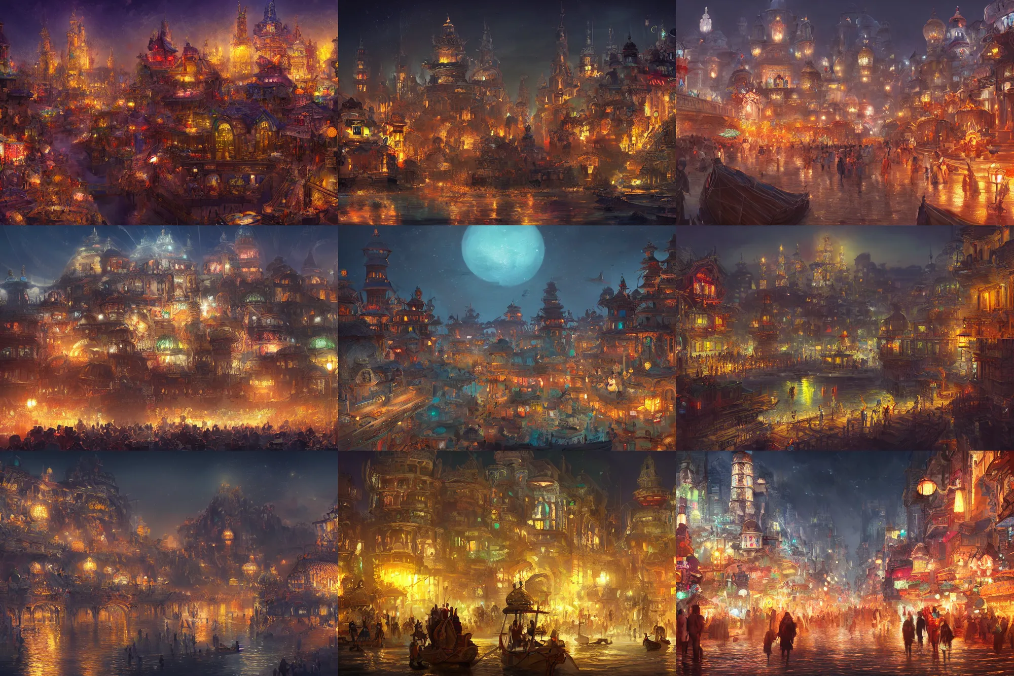 Prompt: Amagical eastern civilization at night, built around ocean, full with people, a lot of lights, multi layered huge architectures. Trending on artstation