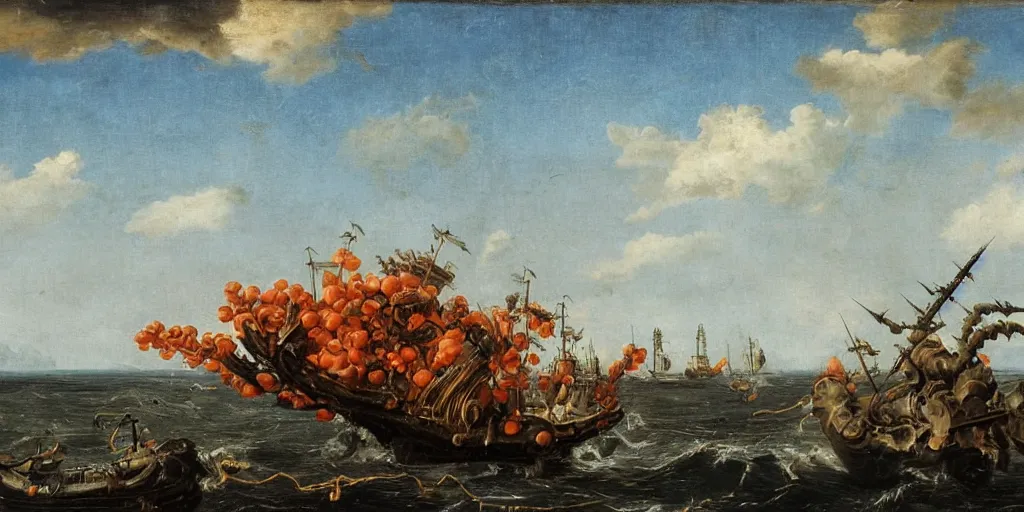 Prompt: portrait, ocean, naval battles, war, knight, huts, rivers, famine, death, wide angle, puffy clouds, skies behind, stars in sky, italian masterpiece, Ashford Black Marble, sculpture, baroque, draped with orange and vines and spines, marble and gold, drapes, white details, still life vegetables, Obsidian, portrait, worms, render, artstation, ultra detailed