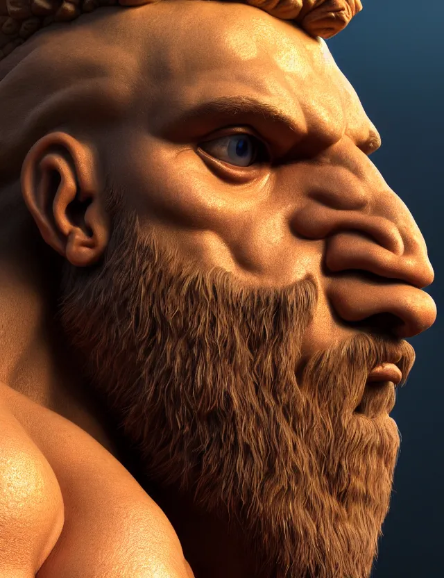 Image similar to 3 d close - up profile portrait of hercules. beautiful intricately detailed painting 8 k resolution, behance hd, digital matte painting, hyperrealism, cinema 4 d, finalrender, sketchlab, semirealism ; hypermaximalist ; unreal engine vray, raytrace, hyperdetailed, concept art, 6 4 megapixels, coherent, bokeh, cgs