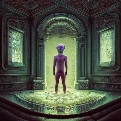 Image similar to hyperreal ultra detailed hypnagogic recollections from the waters of the unconscious, a 3 d psychopomp watching on, a man's face, a mirror, a doorway threshold, a huge snake, smooth, sharp focus, global illumination, ornate, art by shaun tan and daniel merriam and dan mumford octane render
