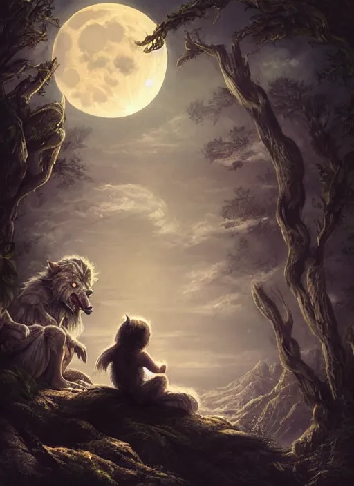 Prompt: a werewolf and a human child sitting next to each other, looking at the moon, fantasy art, matte painting, highly detailed