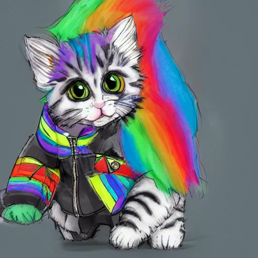 Image similar to wide angle full body, jacket wearing fluffy cute rainbow kitten wearing a black leather motorcycle jacket, concept art