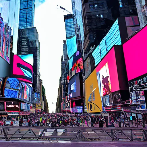 Image similar to giant alien spacecraft looming over times square, casting shadow as people look up, realistic, highly detailed digital art