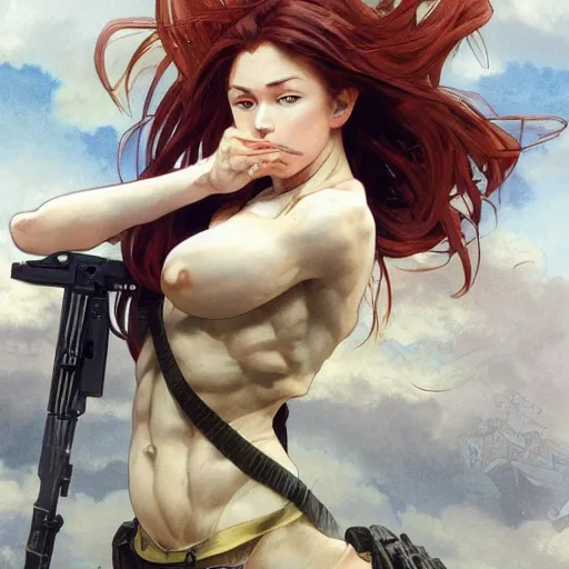 Image similar to soldier girl, anatomy, ground explosion, anime style, long hair, hair down, symmetrical facial features, under heavy fire, hyper realistic, pale skin, 4 k, rule of thirds, extreme detail, detailed drawing, trending artstation, hd, fantasy, d & d, realistic lighting, by alphonse mucha, greg rutkowski, sharp focus, backlit, soldier cloth