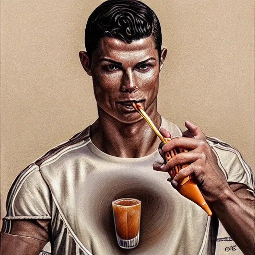 Image similar to christiano ronaldo drinking chocolate milk, intricate, elegant, highly detailed, centered, digital painting, artstation, concept art, smooth, sharp focus, illustration, artgerm, tomasz alen kopera, peter mohrbacher, donato giancola, joseph christian leyendecker, wlop, boris vallejo