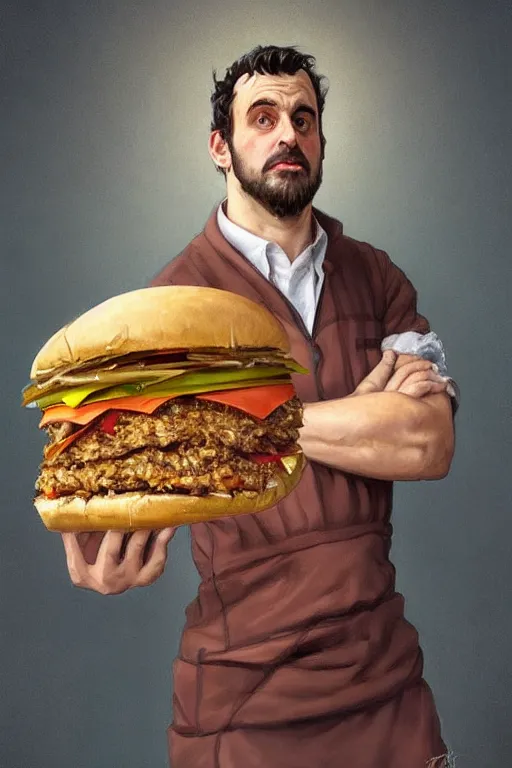 Prompt: ugly cottagecore ethan klein holding a big hamburger, unkempt Hair, dirty office room, intricate, elegant, highly detailed, digital painting, artstation, concept art, smooth, sharp, focus, illustration, art by artgerm and greg rutkowski and alphonse mucha