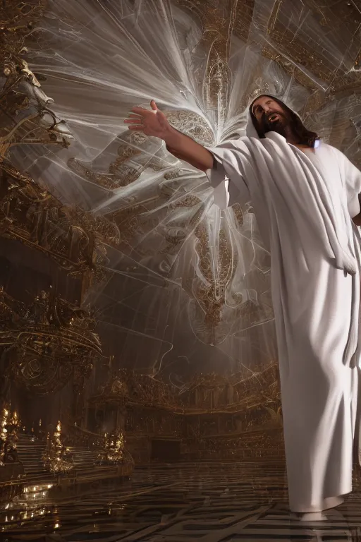 Prompt: jesus christ wearing a white robe strikes a dance pose as the world ends around him, intricate, hyper detailed, accent lighting, dramatic light, 4 k octane render